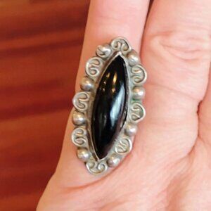 Large Unisex Onyx Sterling Silver Ring Scroll Setting Adjustable Size Vtg Mexico